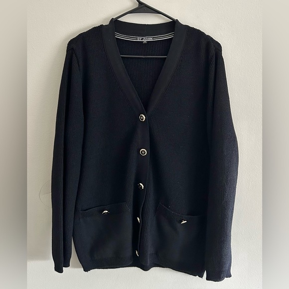 St. John Sweater Caviar Black Santana Knit Cardigan Logo Buttons | Size Medium - Picture 2 of 6